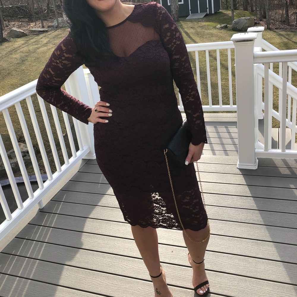 Express Lace Long Sleeve Dress in Rich Burgundy